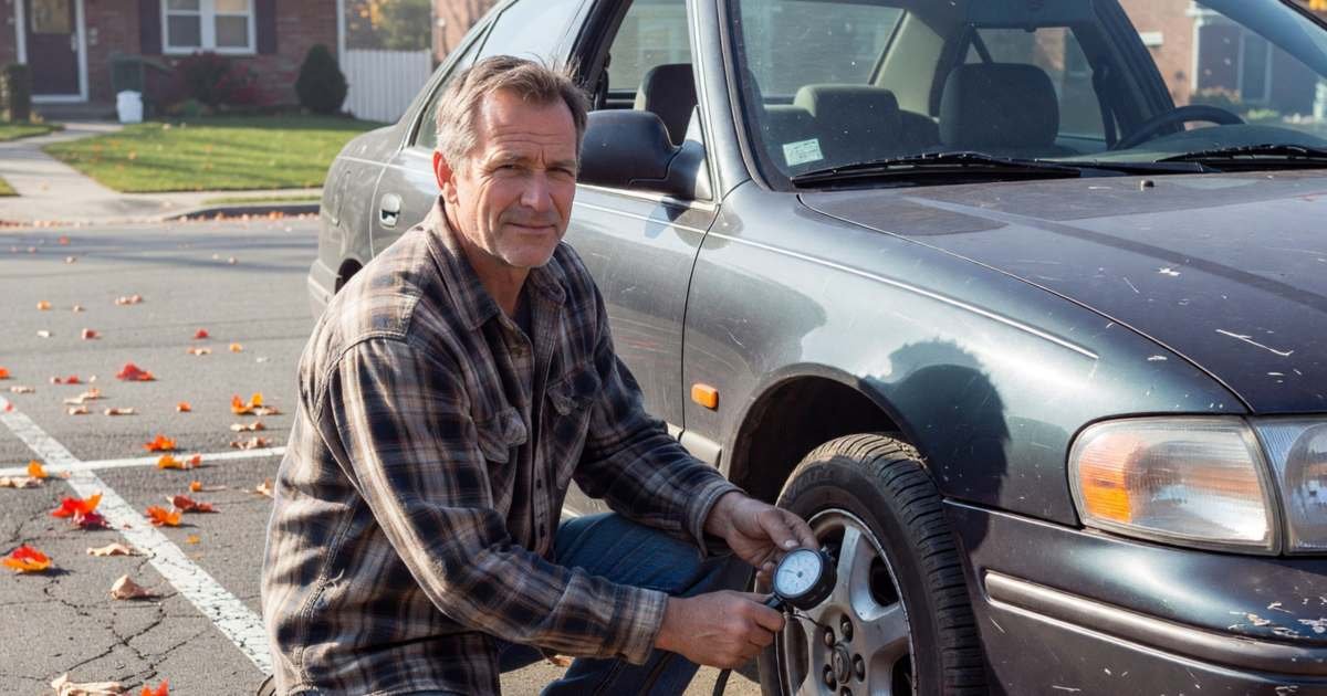 A man checking his tire pressure with a gauge at the side of his car in a parking lot, illustrating cutting gas costs in Canada without buying a hybrid.