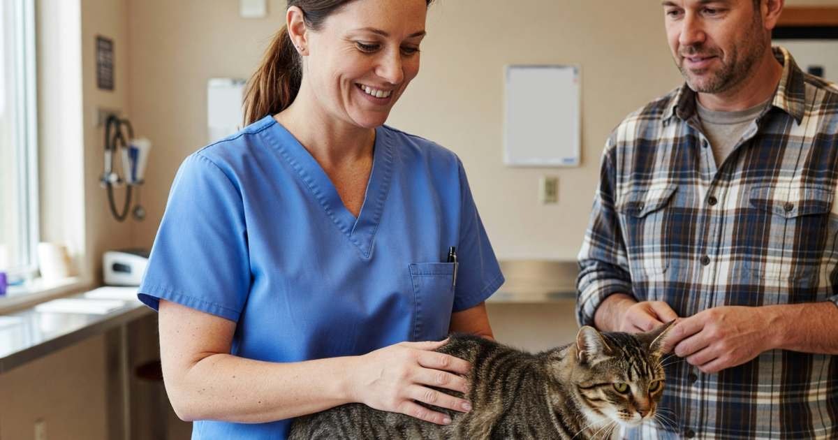A cat being weighed on a clinic scale while the vet tech smiles, illustrating saving money on vet bills without skimping on care.