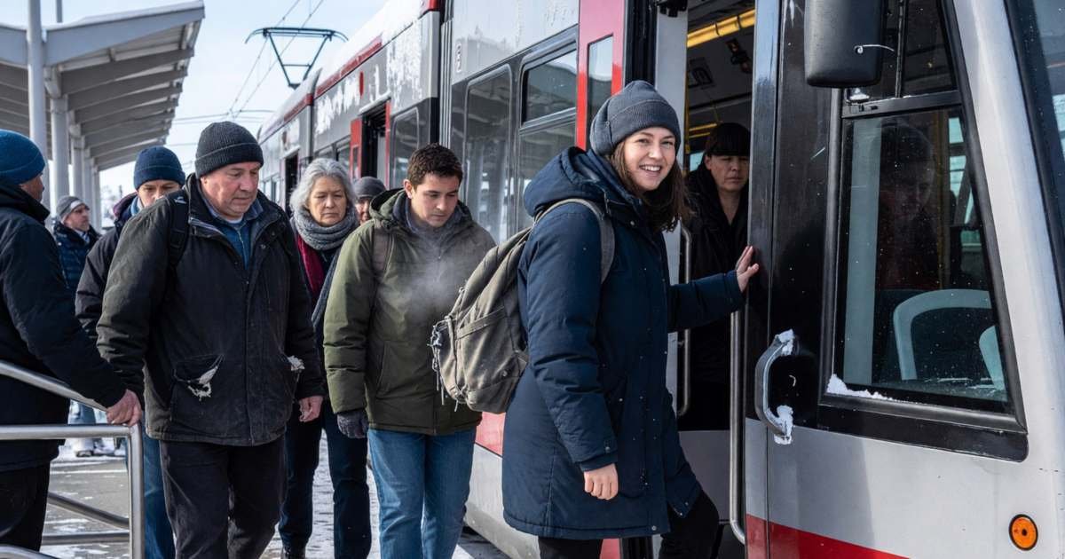 Commuters boarding a light rail train on a snowy platform, illustrating spending less on getting around in Canada.