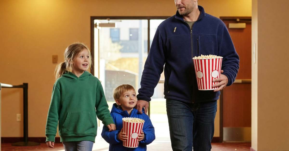 A dad and two kids walking into a cinema lobby with popcorn, illustrating Scene+ points for movies.