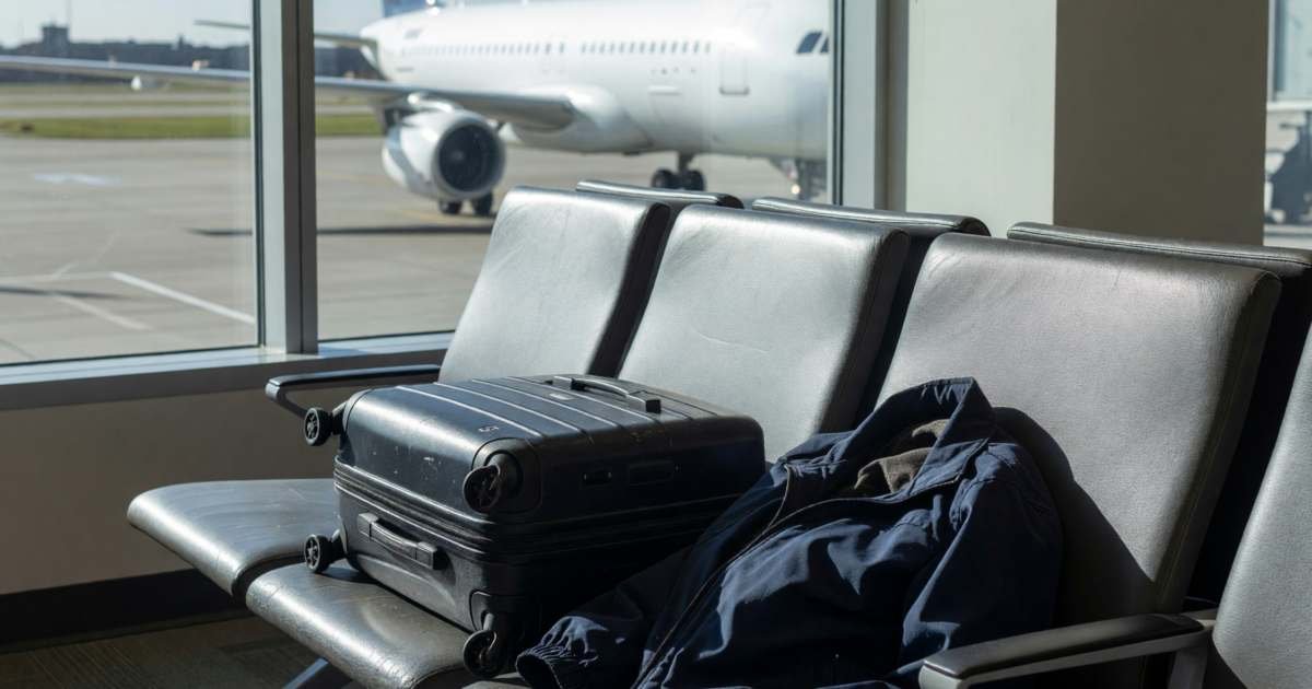 A carry-on bag and a jacket on an empty airport waiting area seat by a big window with a plane outside, illustrating Scene+ for travel versus Aeroplan.
