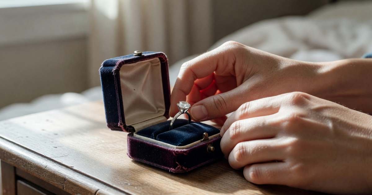 Hands opening a small jewellery box to show an engagement ring on a dresser, illustrating scheduled valuables coverage on home and tenant policies.