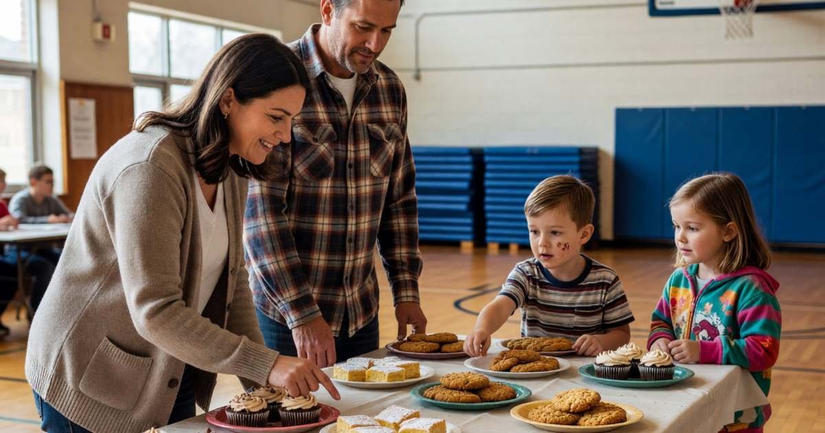 Parents and kids at a school bake sale table in a gym, illustrating school fees and fundraising in Canada.