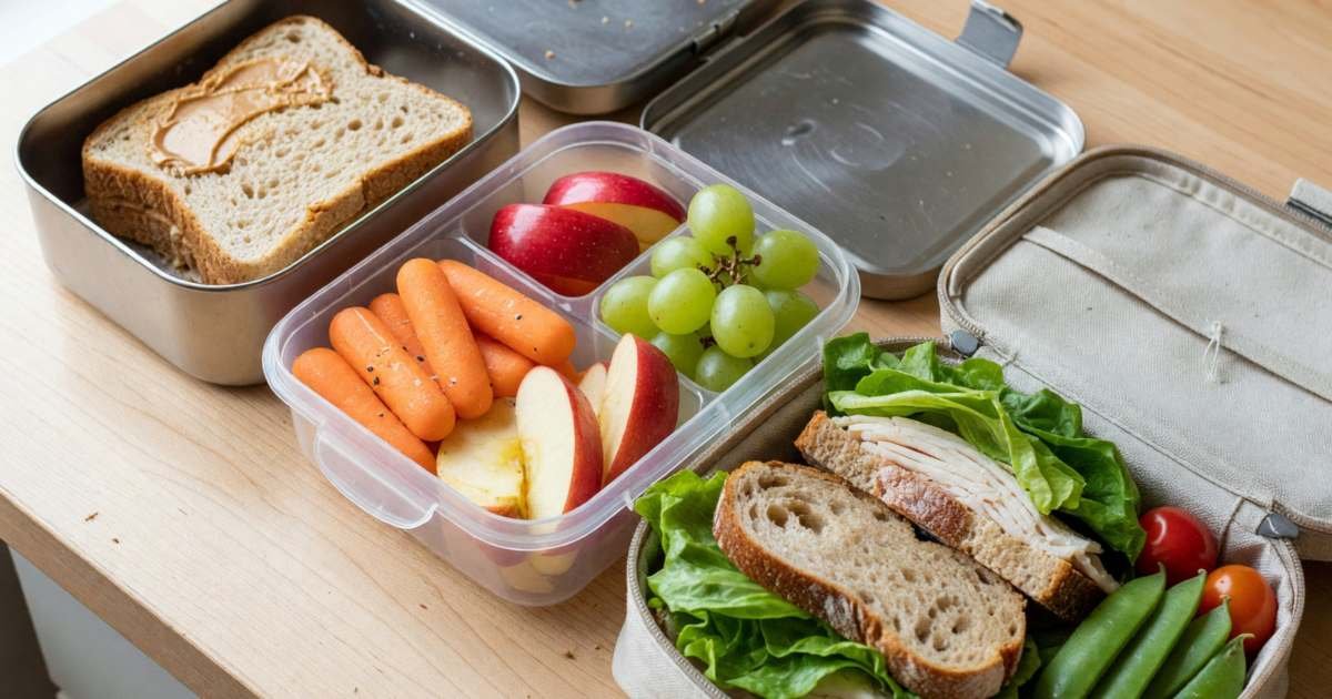 Three packed lunch boxes with sandwiches, fruit and veggies on a kitchen counter, illustrating school lunch costs and the National School Food Program.