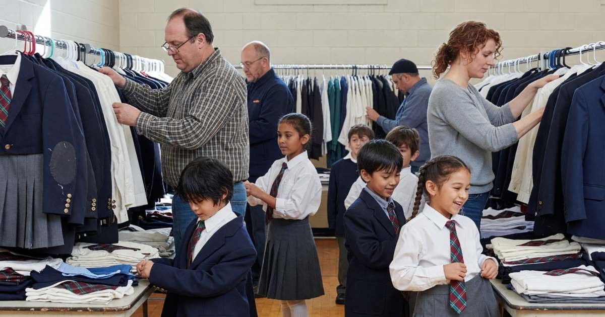 Parents browsing racks of used school uniforms at a school gym sale, illustrating school uniform costs and used sales.