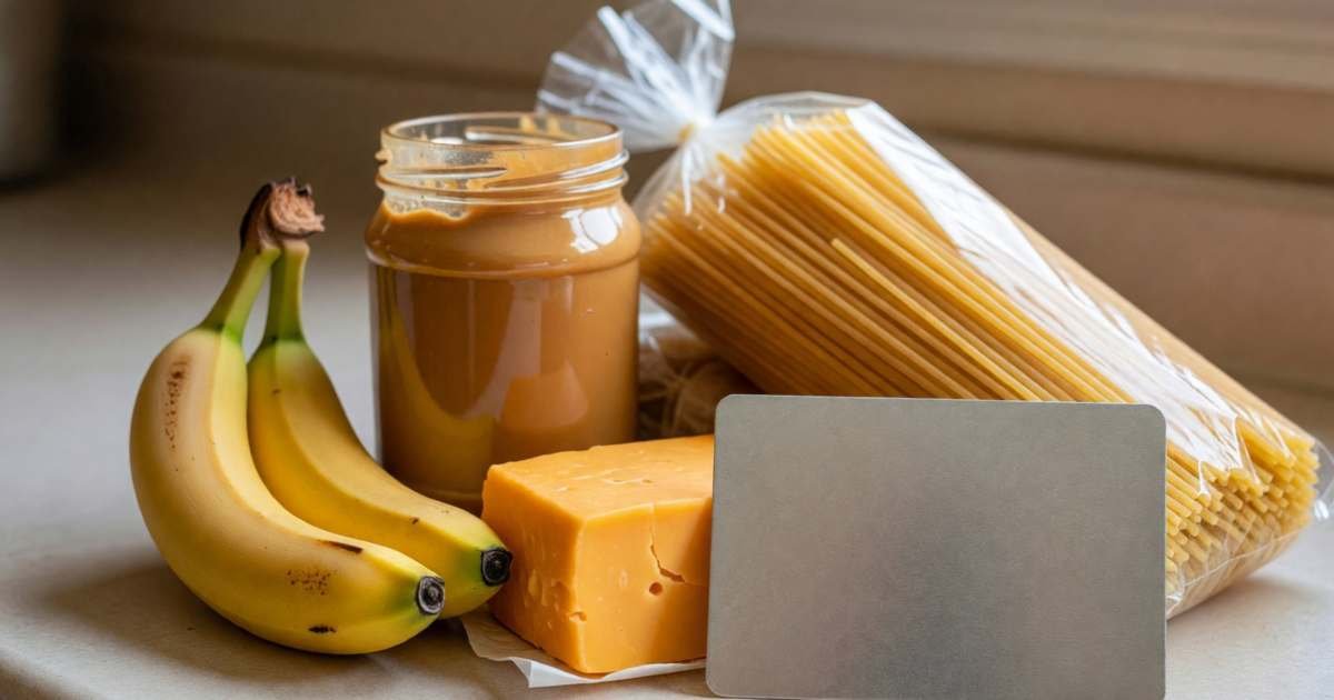 A small pile of grocery staples on a counter: bananas, a jar of peanut butter, pasta and a block of cheese, illustrating the Scotiabank Gold Amex for Sobeys and FreshCo groceries.