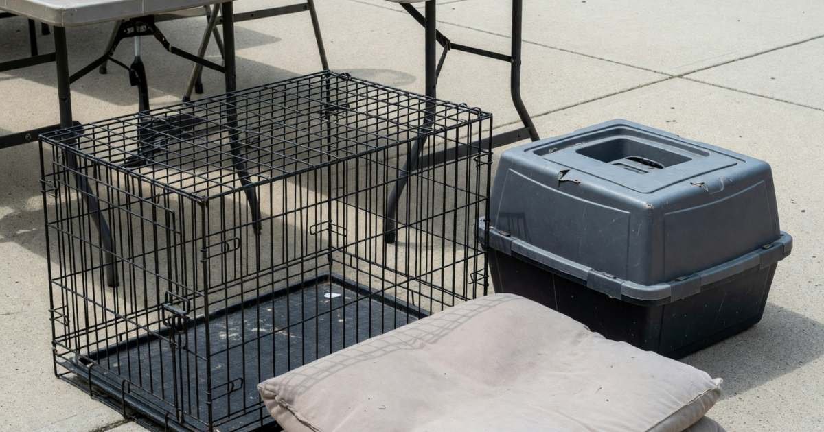 A used dog crate, a folded pet bed and a carrier on a driveway at a garage sale, illustrating secondhand pet gear you can buy used.
