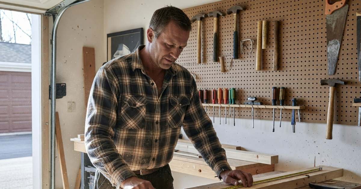 A self-employed carpenter measuring wood in his home workshop, illustrating income protection for self-employed Canadians.