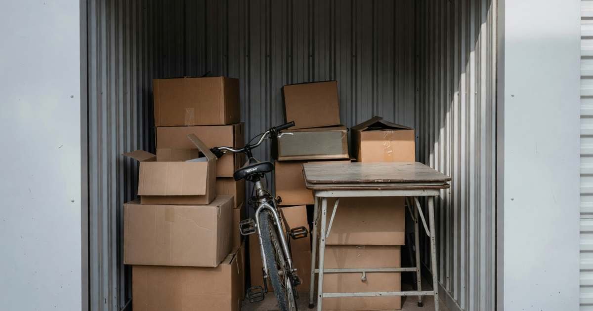 The inside of a small self-storage unit with boxes, a bicycle and a folded table stacked inside, illustrating self-storage versus renting a bigger place in Canada.