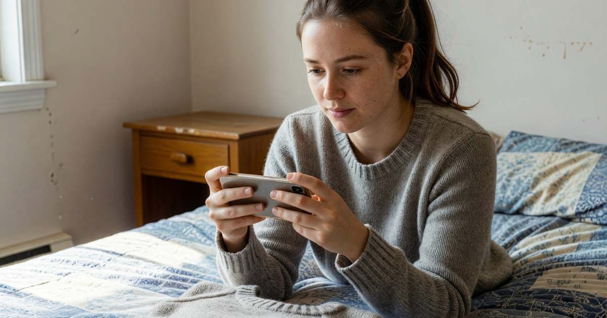 A young woman photographing a folded sweater on a bedspread to sell online, illustrating selling clothes online in Canada.