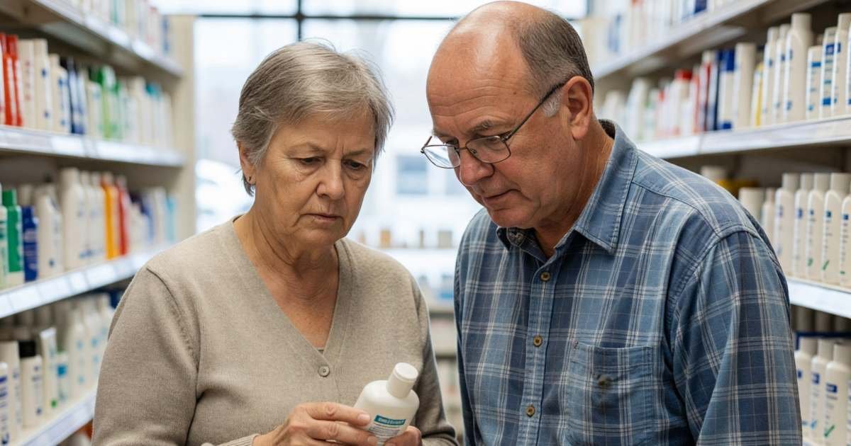 An older couple shopping together in a pharmacy aisle, the woman holding a bottle of lotion, illustrating senior discount days for personal care.