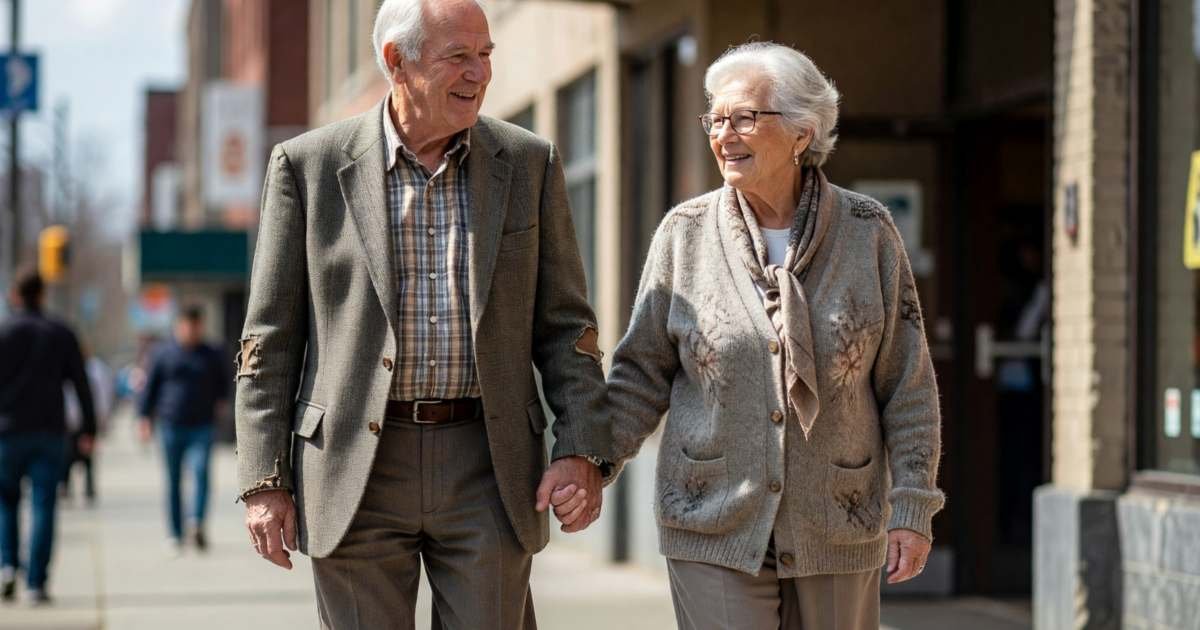 An older couple holding hands as they walk out of a matinee at a theatre, illustrating senior discounts on movies, museums and shows.