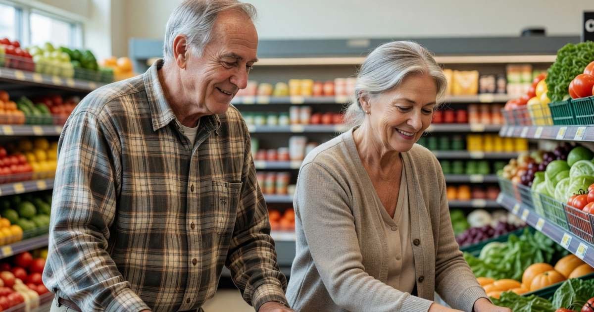 A senior couple shopping together, the husband pushing the cart and the wife choosing tomatoes, illustrating senior grocery savings in Canada.