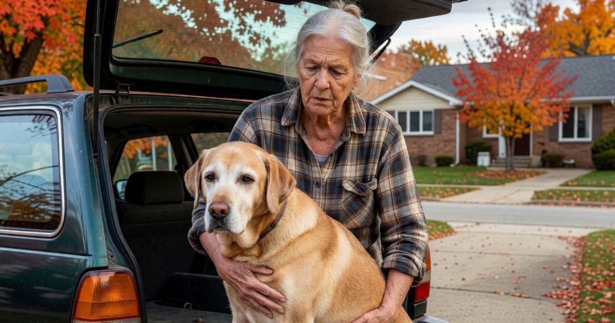 An older woman gently lifting her stiff senior Labrador into the back of her car, illustrating senior pet costs in Canada.