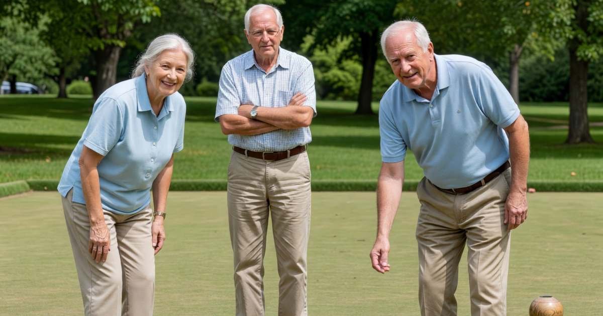 Seniors playing a friendly game of lawn bowling, illustrating sports for adults over 55.