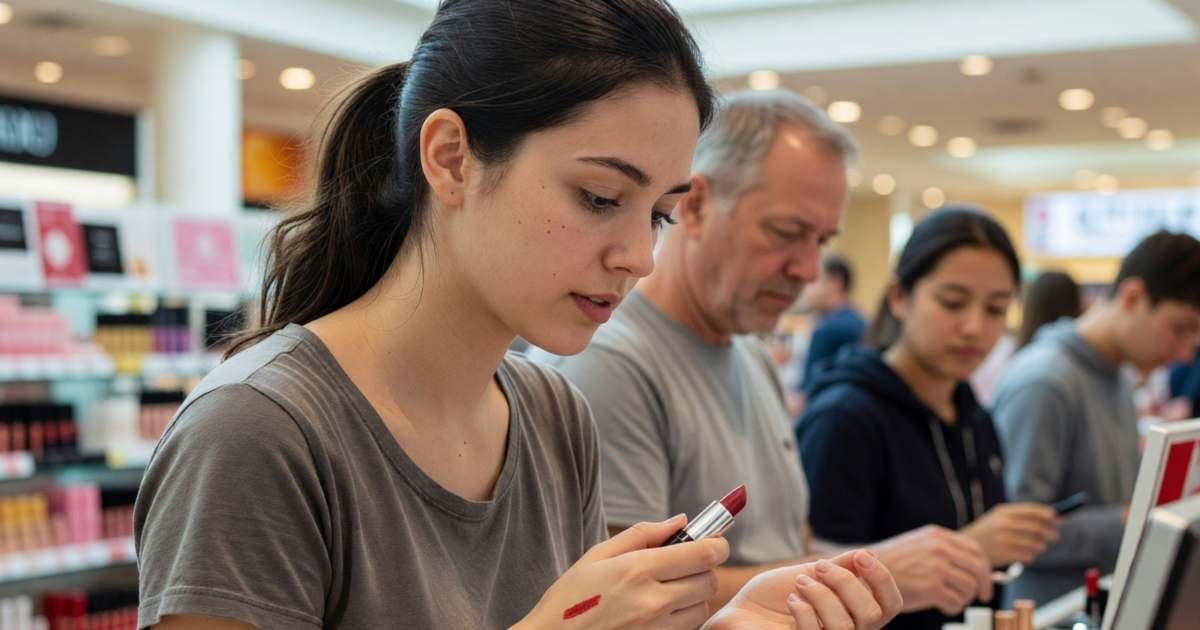 A young woman browsing a makeup counter in a beauty store, testing a lipstick on her hand, illustrating comparing beauty loyalty programs in Canada.