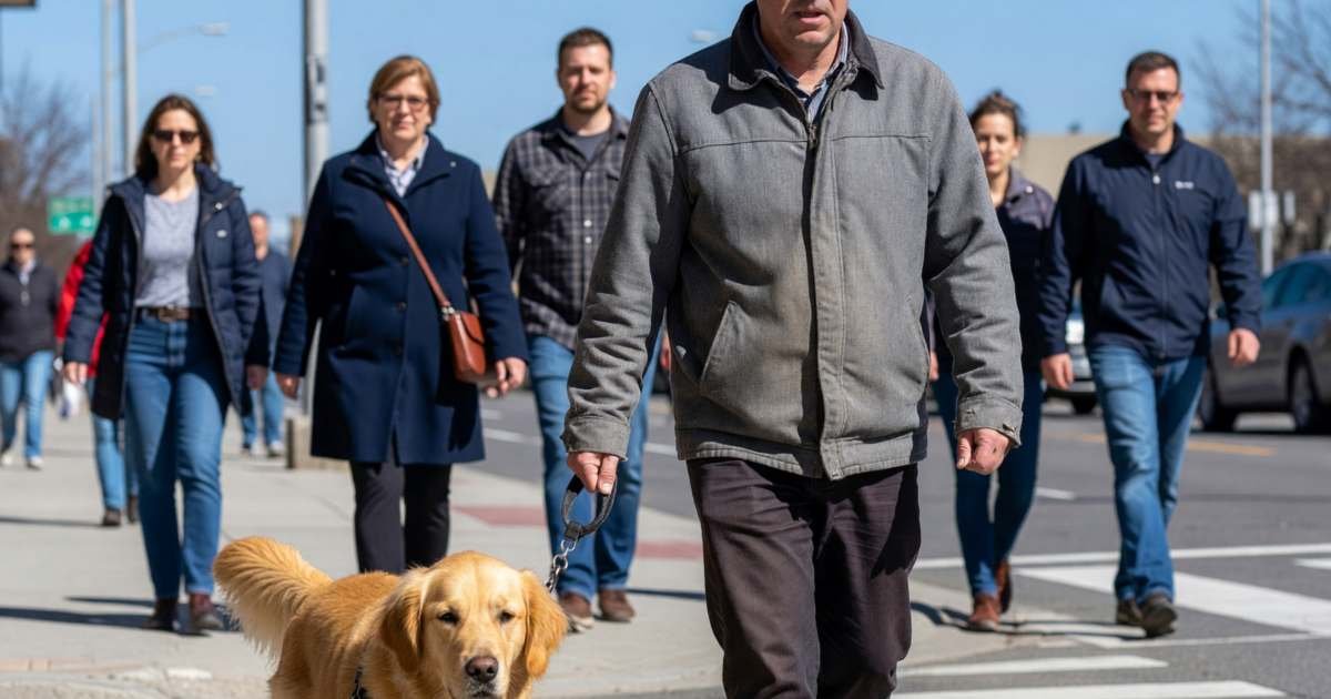 A visually impaired man walking with his guide dog on a city sidewalk, illustrating service animals and the medical expense tax credit.