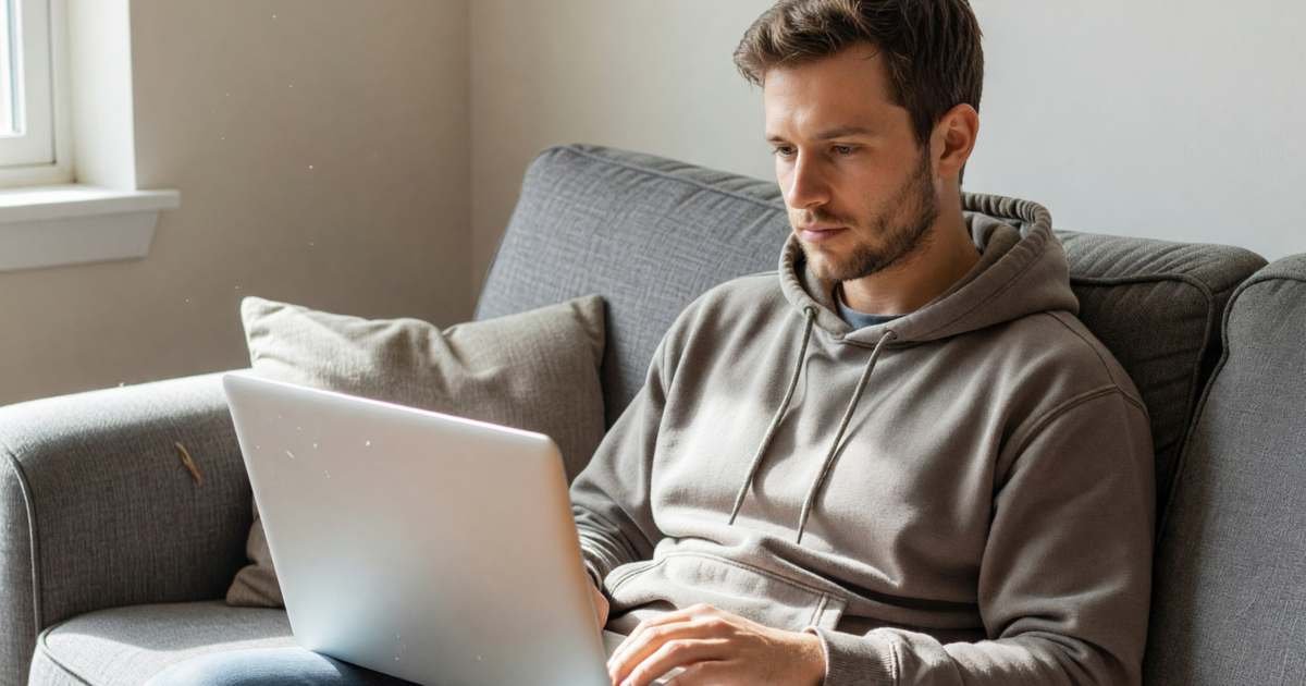 A young man on a sofa with his laptop on his knees, a mug beside him, focused and relaxed, illustrating setting up CRA My Account.