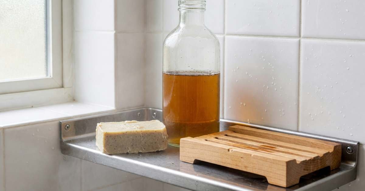 A shampoo bar on a wooden soap dish next to a glass refill bottle on a shower shelf, illustrating shampoo bars, refills and concentrates cost per wash.