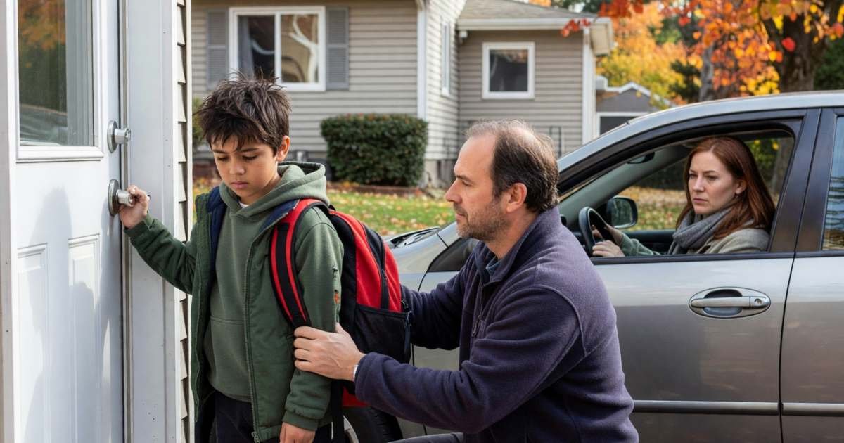 A father helping his son with a backpack at the door as the mother waits in a car outside, illustrating shared custody and the Canada Child Benefit.