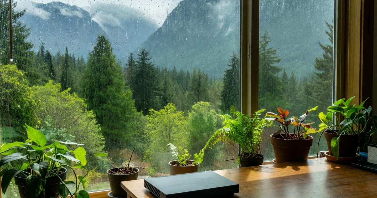 A West Coast home office with a big window looking at mountains and a plain router on the desk, illustrating Shaw and Rogers retention offers in western Canada.