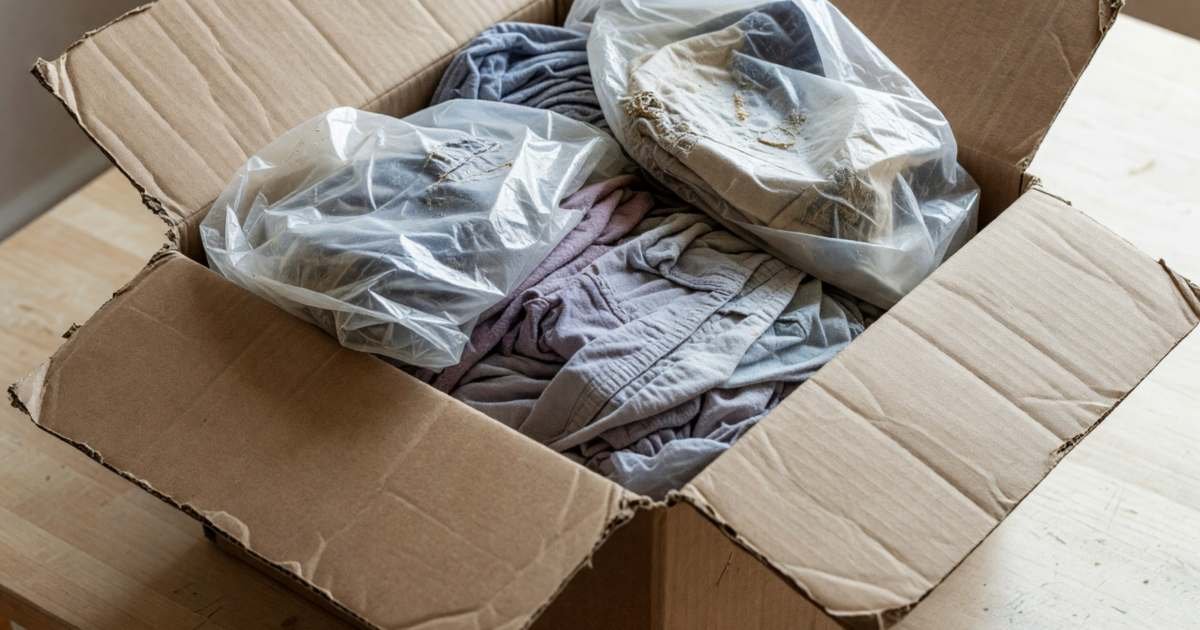 A cheap overseas parcel opened on a table showing thin, poorly sewn clothes in plastic bags, illustrating Shein, Temu and overseas clothing orders.