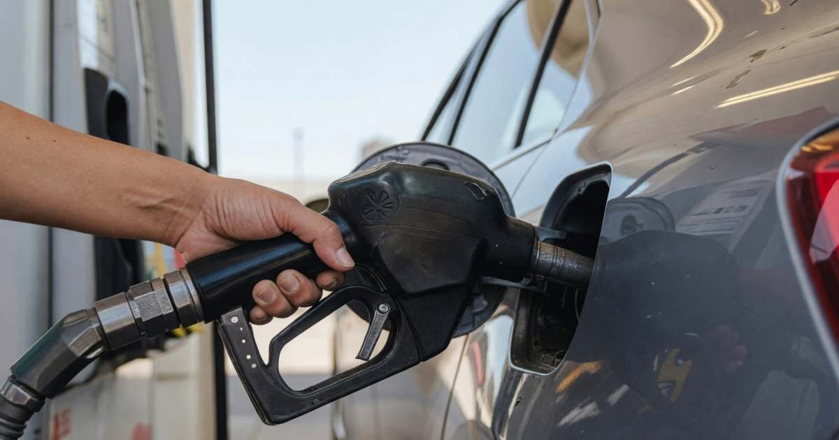 A hand lifting a fuel nozzle from a gas pump beside an open fuel door, illustrating stacking Shell Go+, Scene+ and card discounts at the pump.