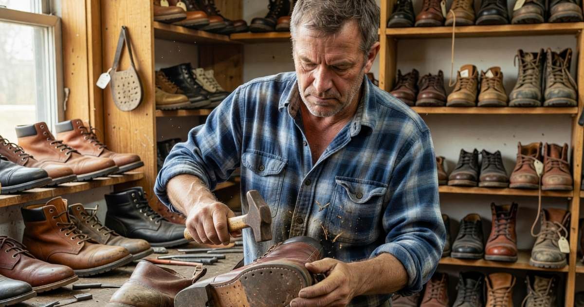 A cobbler resoling a leather boot at his workbench, illustrating shoe and boot repair versus buying new.