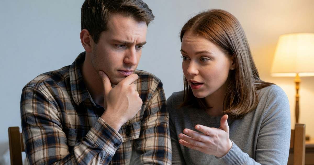 A young couple at their dining table comparing car insurance, the man thinking with chin in hand while the woman explains, illustrating shopping auto insurance through a broker, direct or aggregator.