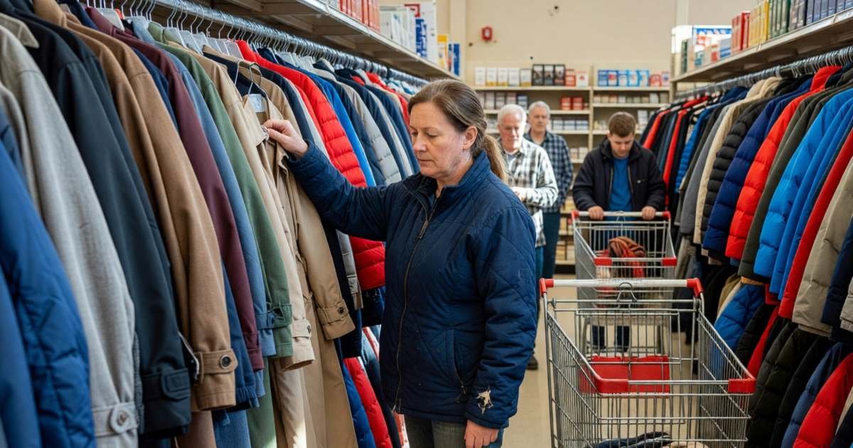 A woman browsing a long rack of coats in an off-price store, illustrating shopping Winners, Marshalls and HomeSense for clothing.