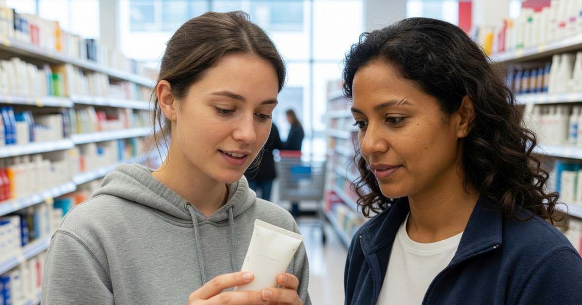 Two friends shopping for skincare in a drugstore beauty section, one holding up a moisturiser, illustrating getting more from beauty events and loyalty points.