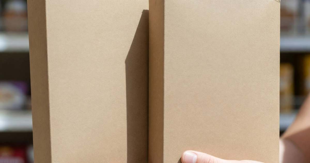 Close-up of hands holding two plain cereal boxes of the same design but different sizes side by side, illustrating spotting shrinkflation at Canadian grocery stores.