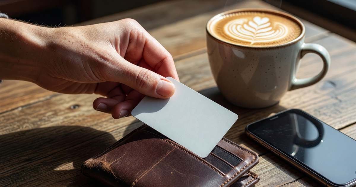 Close-up of a hand withdrawing a blank debit card from a wallet beside a phone face down on a café table, illustrating building a no-fee banking stack with Simplii, Tangerine and EQ Bank.