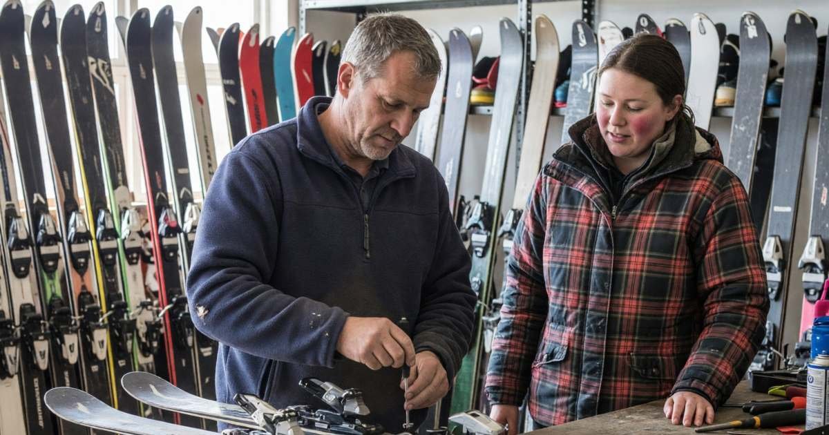 A rental shop technician adjusting ski bindings on a workbench as a customer in a ski jacket watches, illustrating buying, leasing or renting adult ski gear in Canada.