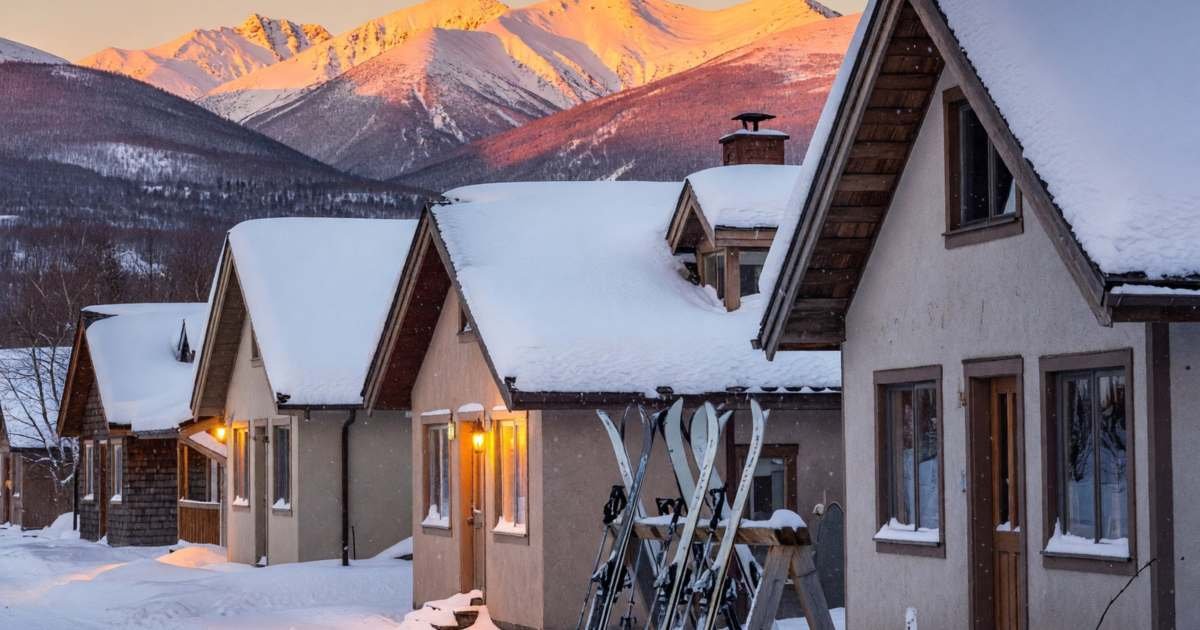 A ski village street at dusk with snow-covered chalet-style lodges, warm lit windows and skis leaning against a rack, illustrating budgeting a ski weekend in Canada: day trip vs overnight.