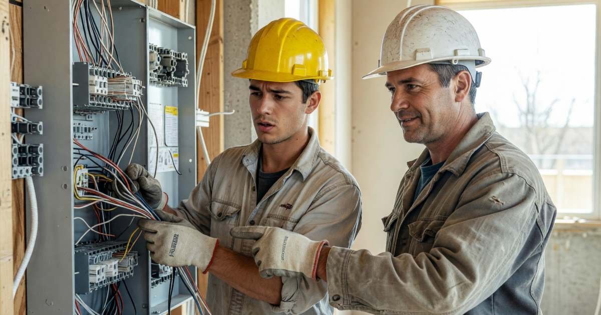 An apprentice electrician working with a journeyman on a wiring panel on a job site, illustrating what an apprenticeship costs in Canada.