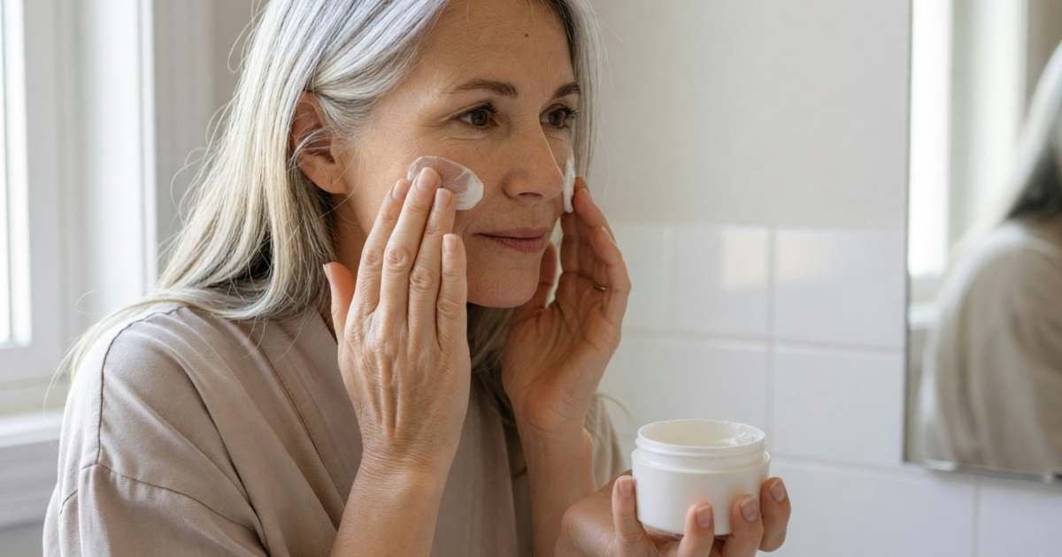 A woman in her late fifties applying moisturiser at her bathroom mirror, illustrating skincare over 50 on a budget.