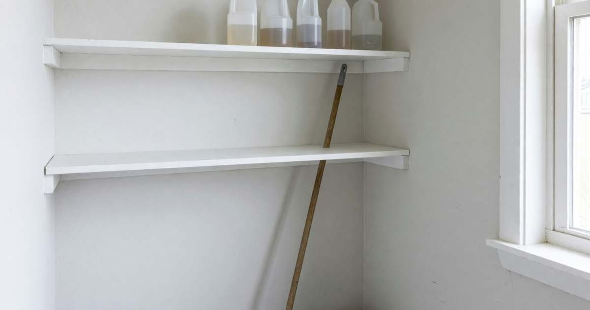 A small tidy cleaning closet with a few refill bottles, a mop and a bucket, illustrating a smaller cleaning-supply closet.