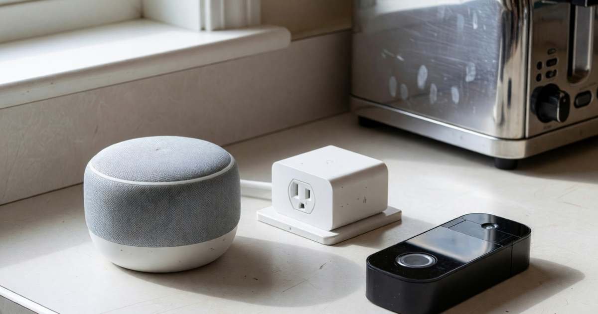 A smart speaker, a smart plug and a video doorbell on a kitchen counter, illustrating smart home device subscriptions and privacy.