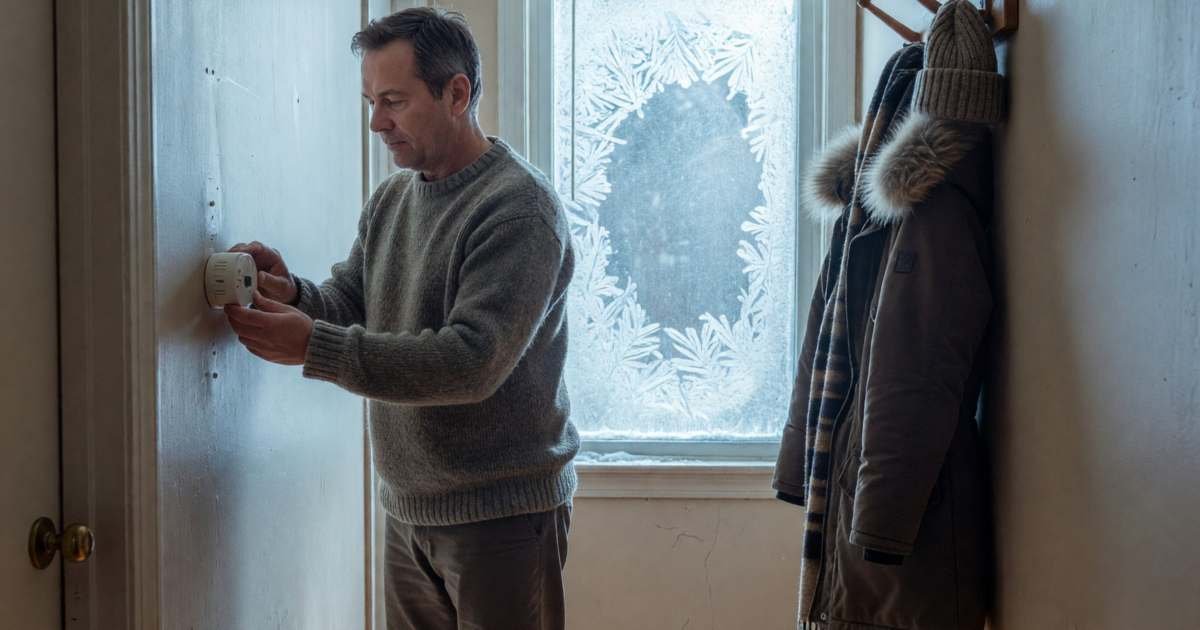 A man in socks and a sweater adjusting a wall thermostat in a hallway on a winter morning, illustrating whether smart thermostats are worth it in Canada.