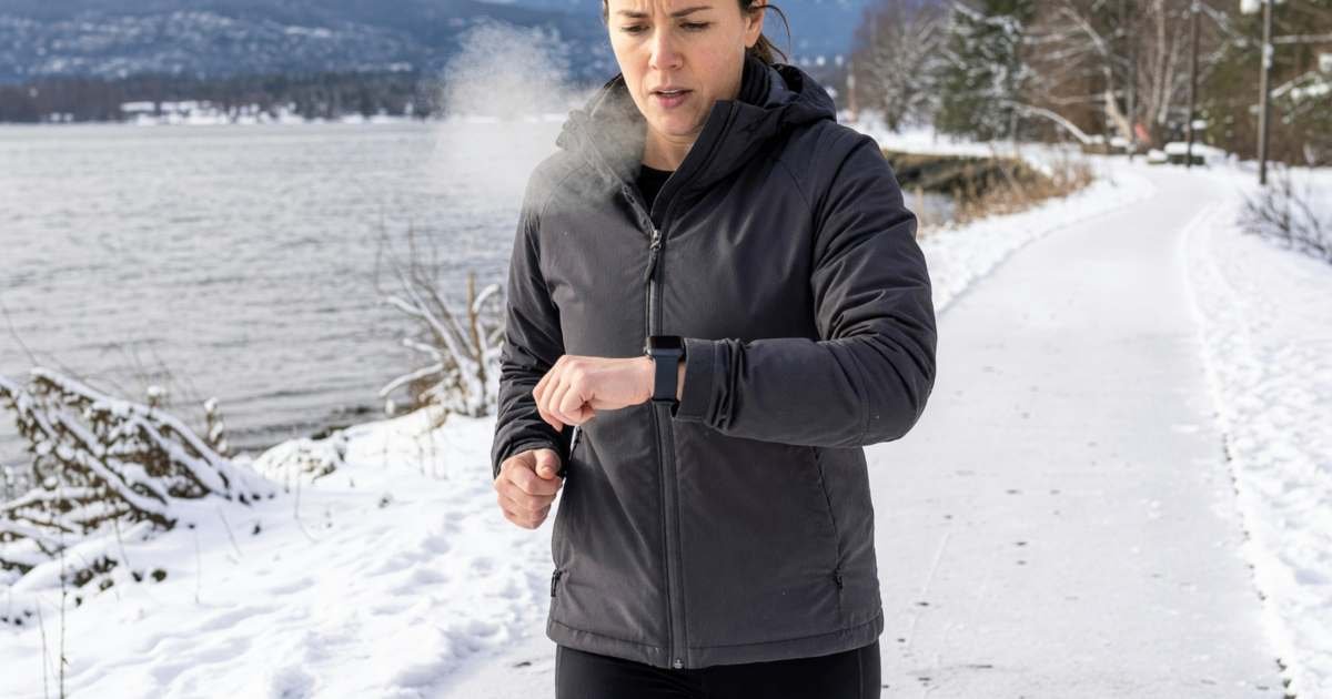 A runner in winter running gear glancing at a plain smartwatch on her wrist while jogging, illustrating whether a smartwatch is worth it in Canada.