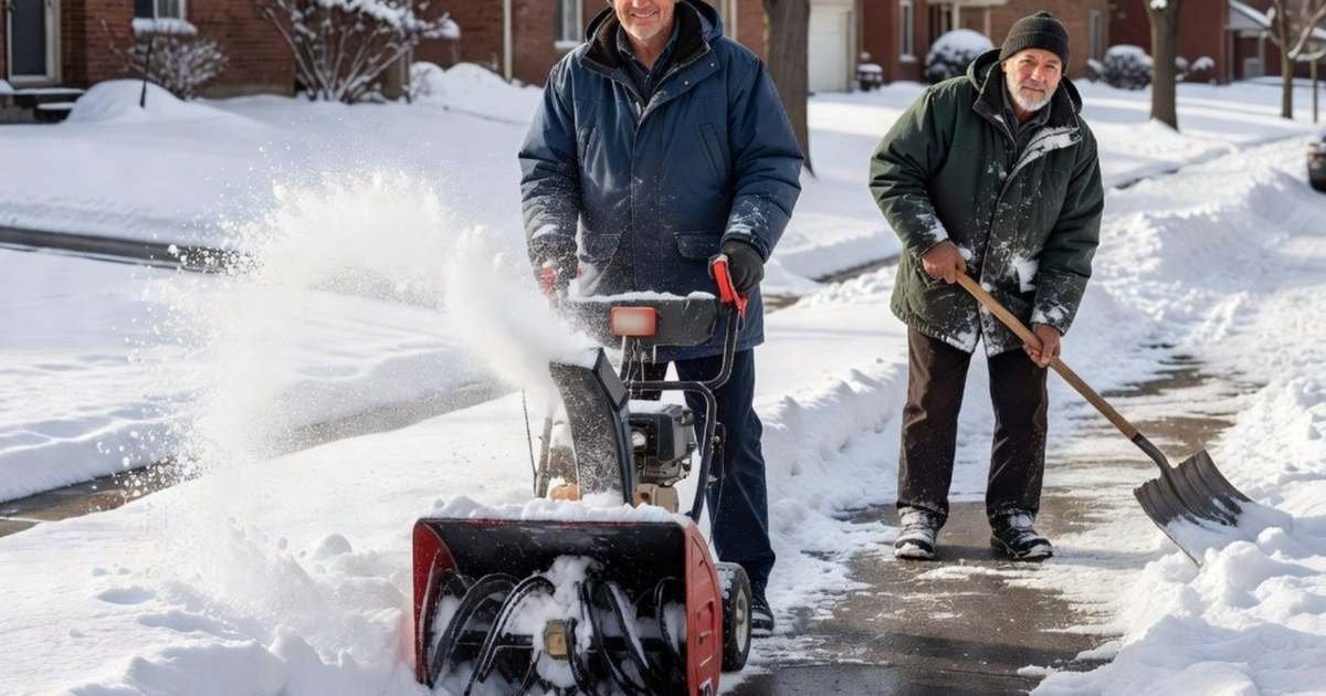 A homeowner clears his snowy driveway with a snowblower while a neighbour shovels next door on a Canadian suburban street, illustrating snow removal costs: shovel vs snowblower vs plow contract.