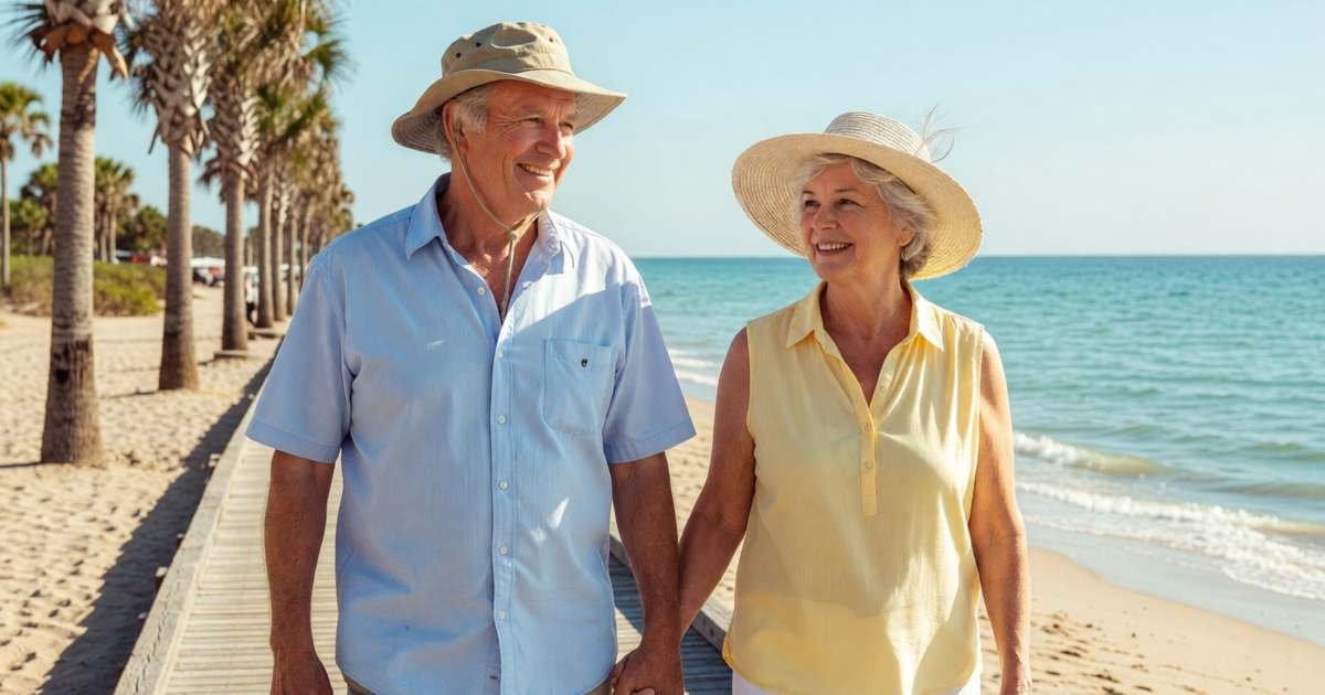 A retired Canadian couple in their seventies walking hand in hand along a sunny beach boardwalk, illustrating snowbird travel insurance for Canadians with pre-existing conditions.