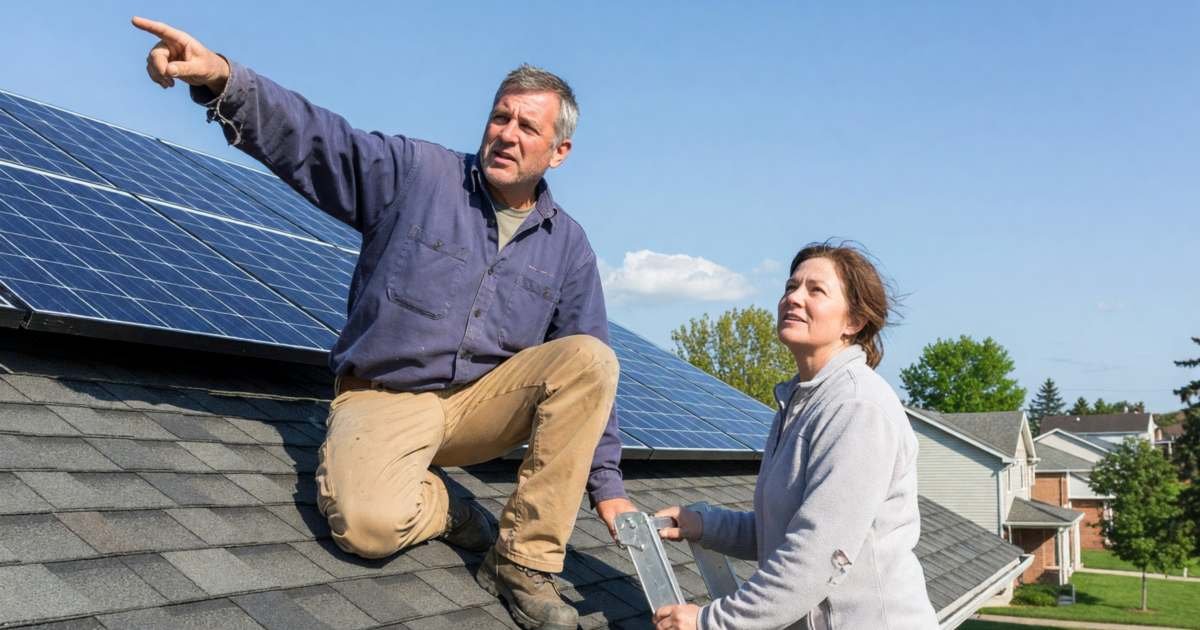 A solar installer on a roof pointing out panel placement to a homeowner standing on a ladder, illustrating comparing residential solar quotes in Canada.