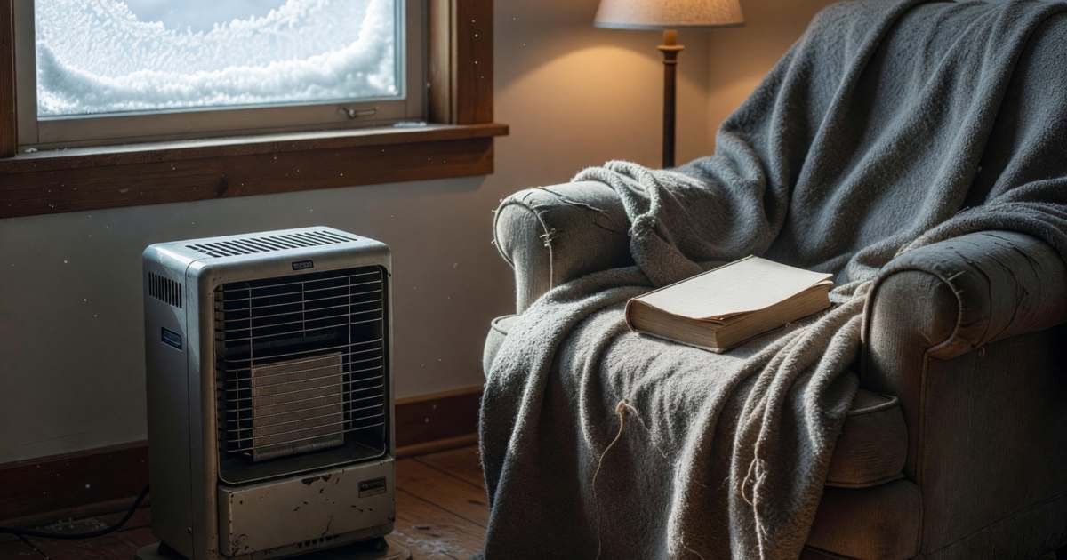 A small oil-filled space heater on a wooden floor beside an armchair with a blanket and a book, illustrating space heater costs per hour in Canada.