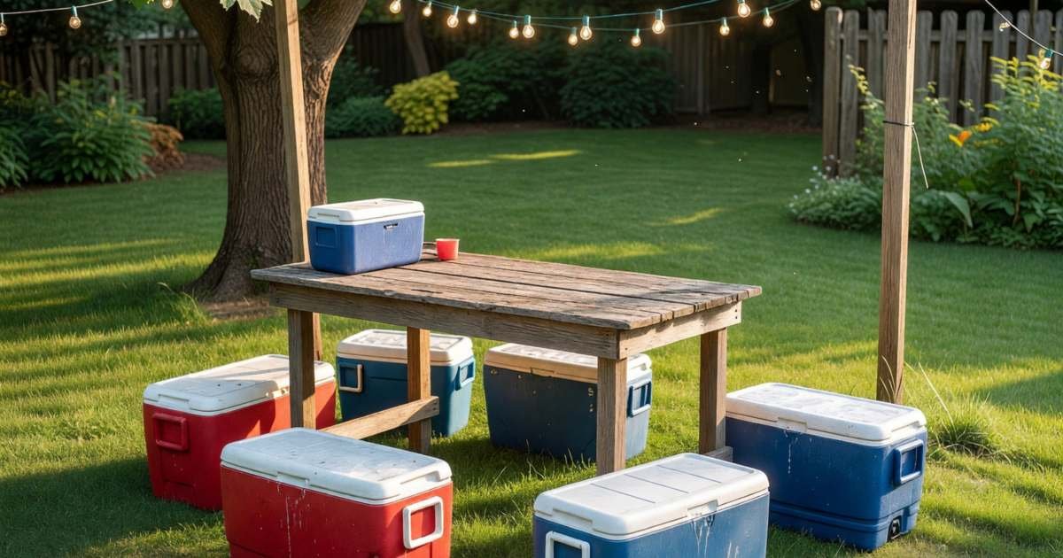 A backyard party setup with a bar table, coolers and string lights before guests arrive, illustrating special occasion permits in Ontario.