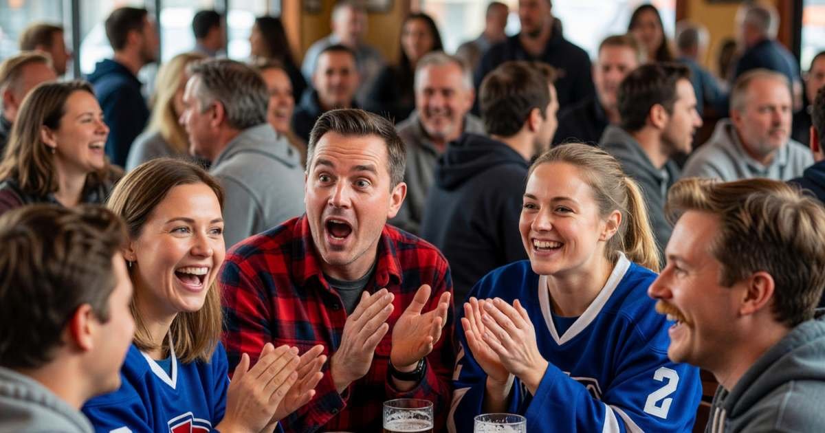 Friends watching a hockey game at a crowded sports bar, cheering, illustrating watching the big game at a bar versus home.
