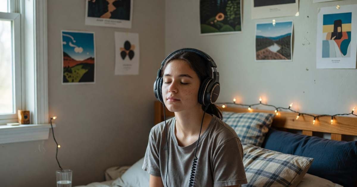 A teenage girl in her bedroom listening to music with headphones, eyes closed, illustrating Spotify Family plan rules in Canada.