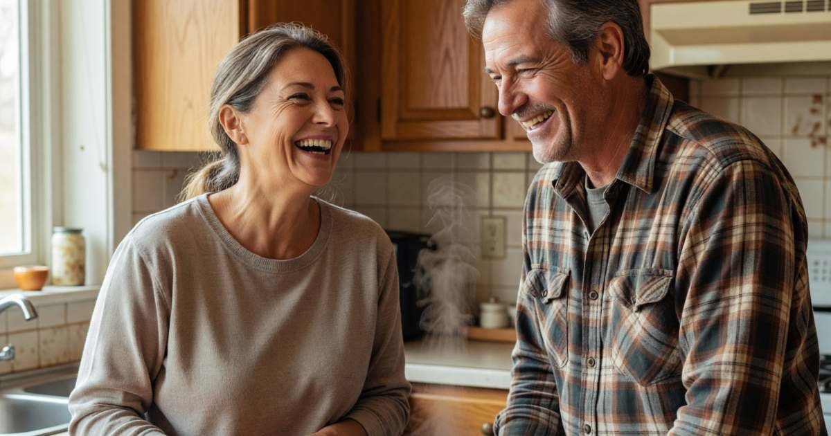 A couple in their late fifties cooking dinner together and laughing in their kitchen, illustrating spousal RRSPs and income splitting in Canada.