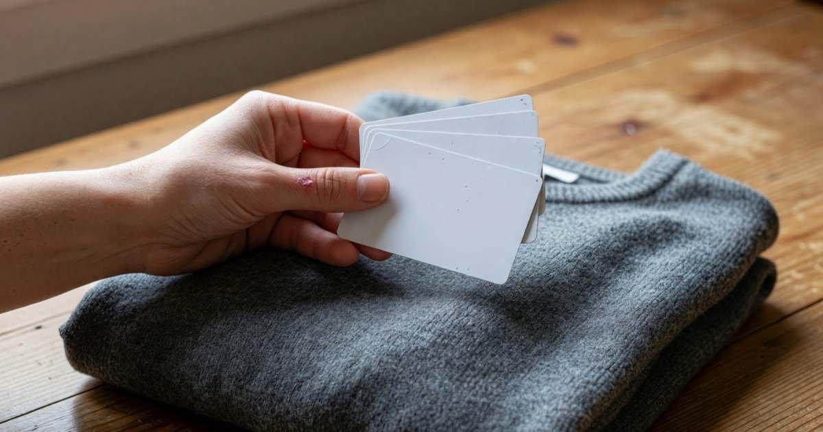 A hand holding a few blank plastic gift cards above a folded sweater, illustrating stacking clothing savings with portals, gift cards and points.